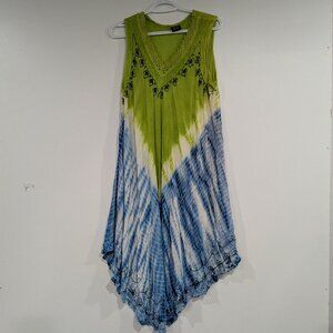 Divine Tie Dye Lace Trim Embroidered Crinkle Dress White Green Blue One Size